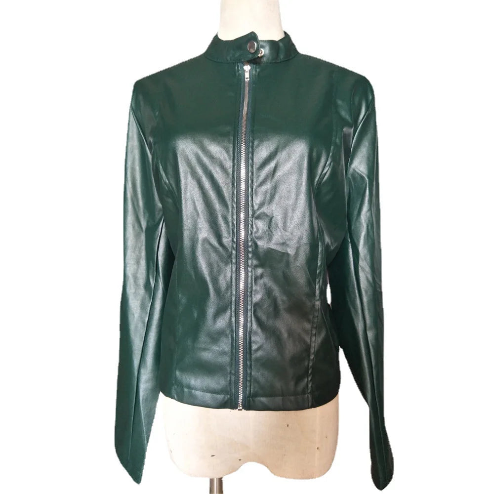 Autumn and Winter New Fashion Black Leather PU Suit Jacket Women Tops Zipper Stand Collar Slim Fit Casual Short Jacket for Women
