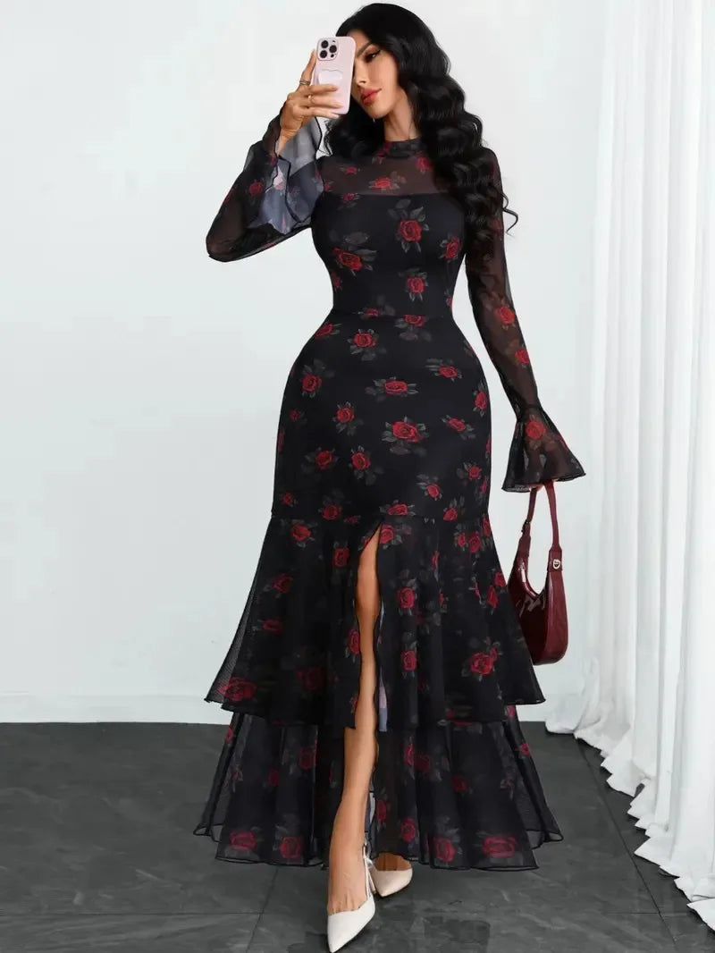 2026 Long Sleeves Evening Dress Dresses For Woman Party Wedding Temperament Sexy Slim Banquet Slit Printed Fashion Ruffles Slim