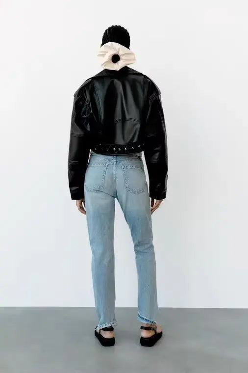 Women Autumn Winter Loose Gray PU Faux Leather Short Jackets Belt Female High Street Zipper Retro Moto Biker Coats Outwear XS-XL