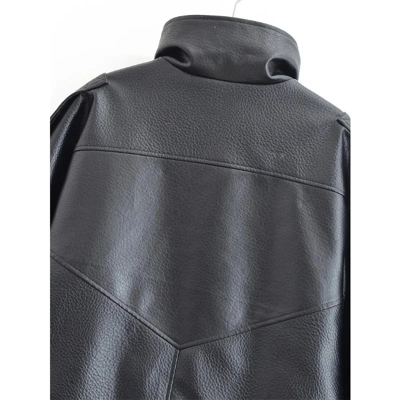 Women's 2026 Autumn New Classic Commuter Style Black Long Sleeve Pebble Faux Leather Motorcycle Fashion Jacket