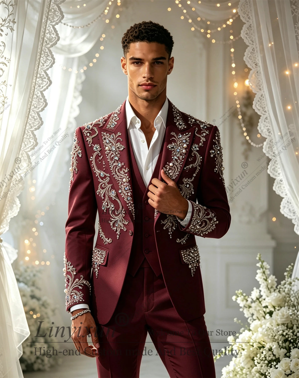 Elegant Diamond  Men Suits Set 3 Pcs Blazer Pants Trousers Luxury Wedding Tuxedo Formal Business Groom Coat Customized