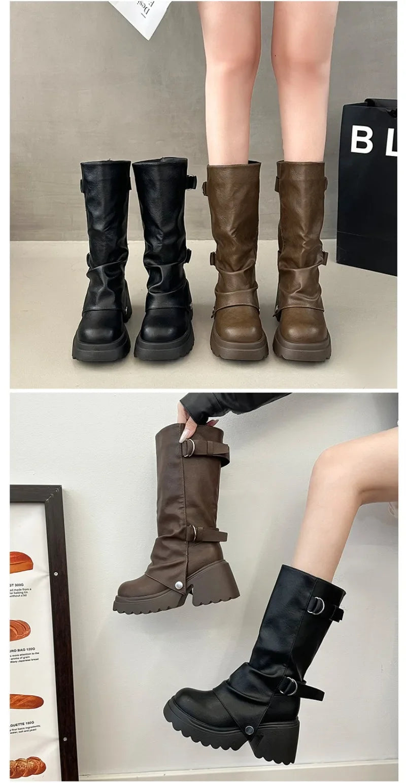 Shang Shi Black Thick High-heeled Thick Soled Boots for Women, 2026 New Winter Versatile Women's Zipper Slimming Pants Leg Boots
