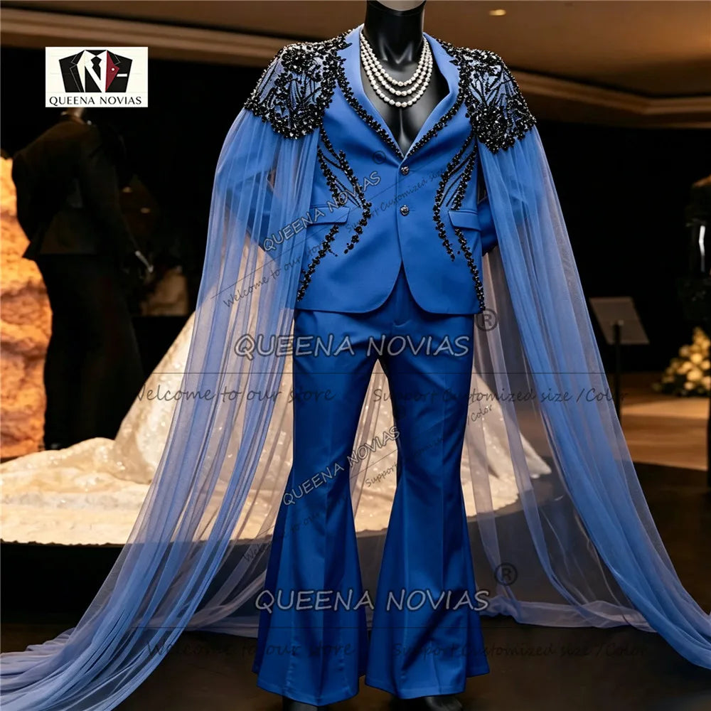 Elegant Wedding Suits For Man Black Beaded Stone Jacket With Tulle Cape Long Customized Groom Tuxedo Slim Fit 2 Piece Sets Dress