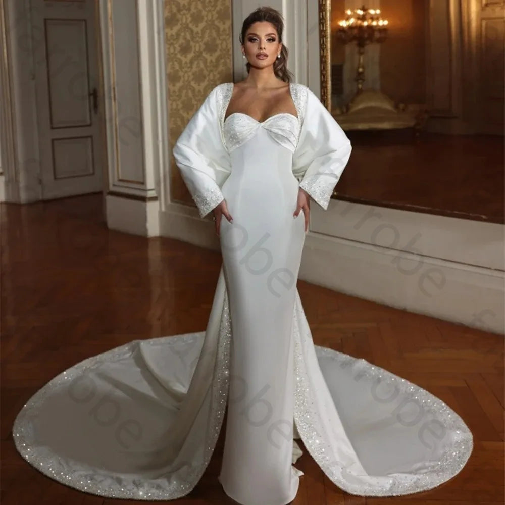 Customized 2026 Luxury Satin Mermaid Wedding Dress Full Sleeve Beaded Sweetheart Neckline Detachable Train Elegant Bridal Gown