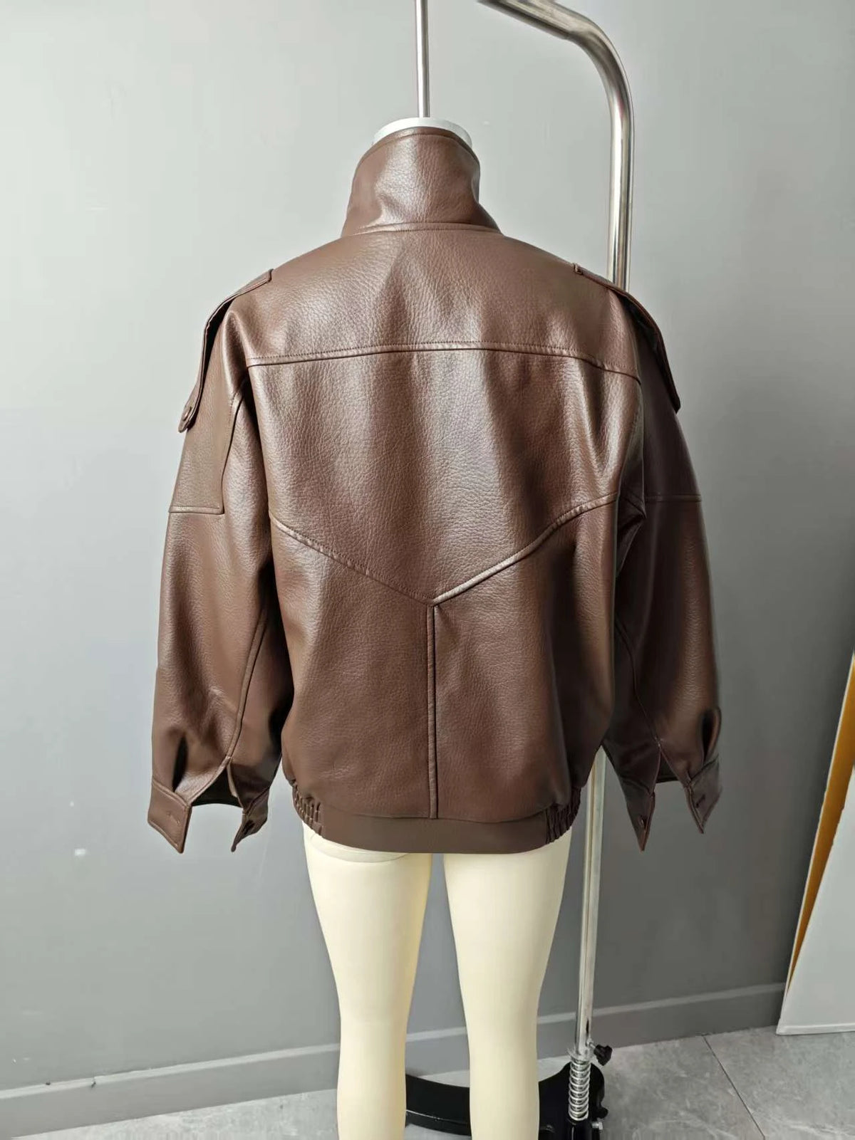 Women's Jacket New Black Long Sleeve Faux Leather Jacket Motorcycle Style Personality Fashion button and Zipper closure traf