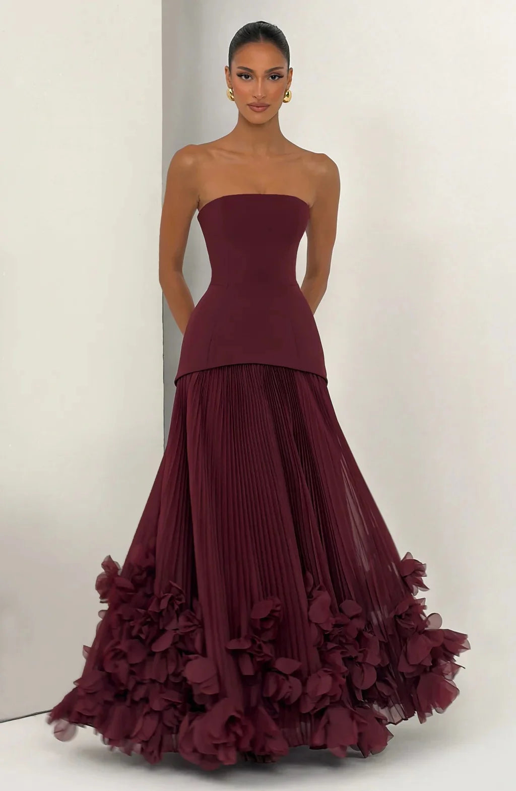 Sexy Lemon Strapless Corset Maxi Gown Sleeveless Corset Pleated Chiffon 3d Floral Hem Flowy Skirt Formal Evening Party Wear