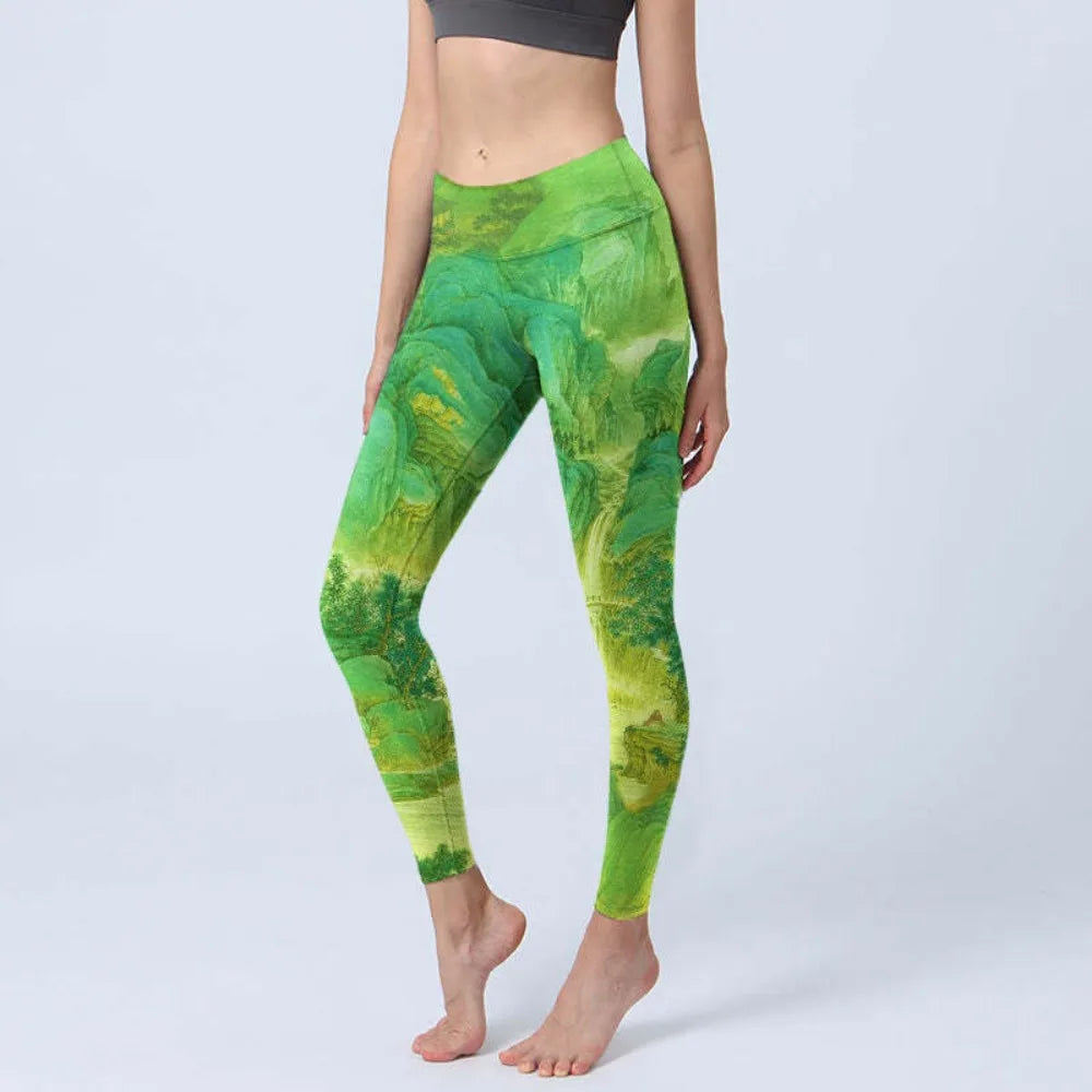 Women High Waisted Yoga Pants Tummy Control Leggings Floral Butterfly Landscape Printed Workout Gym Fitness Running Tight Pants