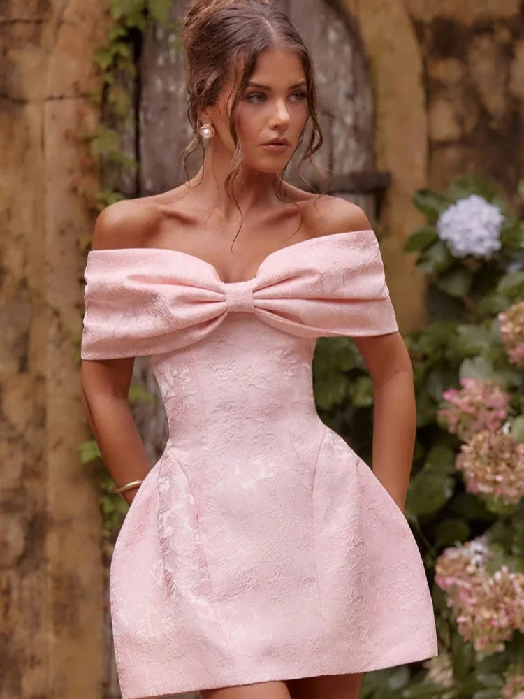 Pink Big Bow Jacquard Prom Dress Off Shoulder Women Formal Evening Gowns Fitted Mini Skirt For Wedding Cocktail Party
