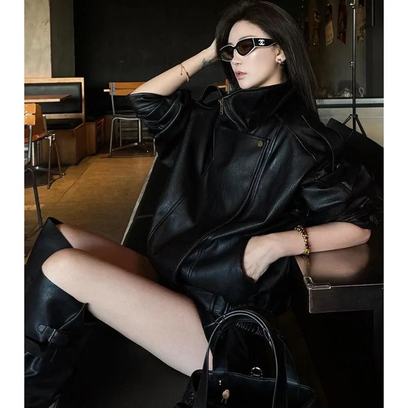 Winter Ladies High End Faux Leather Outwear American Femme Long Sleeves PU Leather Jacket Autumn Women Fashion Casual Loose Coat