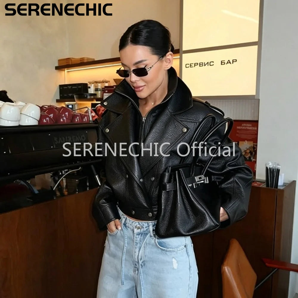 SERENECHIC Women's Black Faux Leather Cropped Moto Jacket Asymmetric Zip PU Biker Coat Female New Autumn Vintage Punk Outerwear