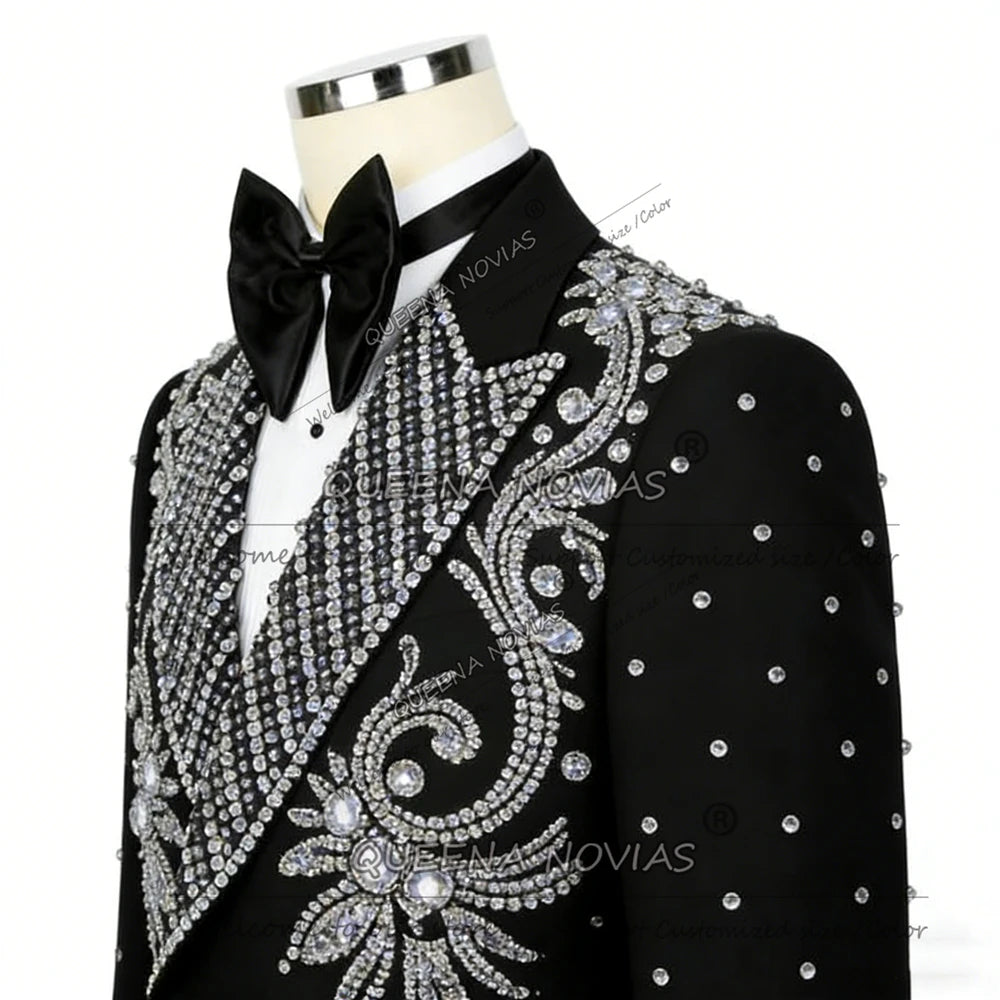 Exclusive Beaded Crystals Suits Men For Wedding Double Breasted Jacket Pants 2 Piece Set Rhinestone Groom Tuxedos Ropa Hombre