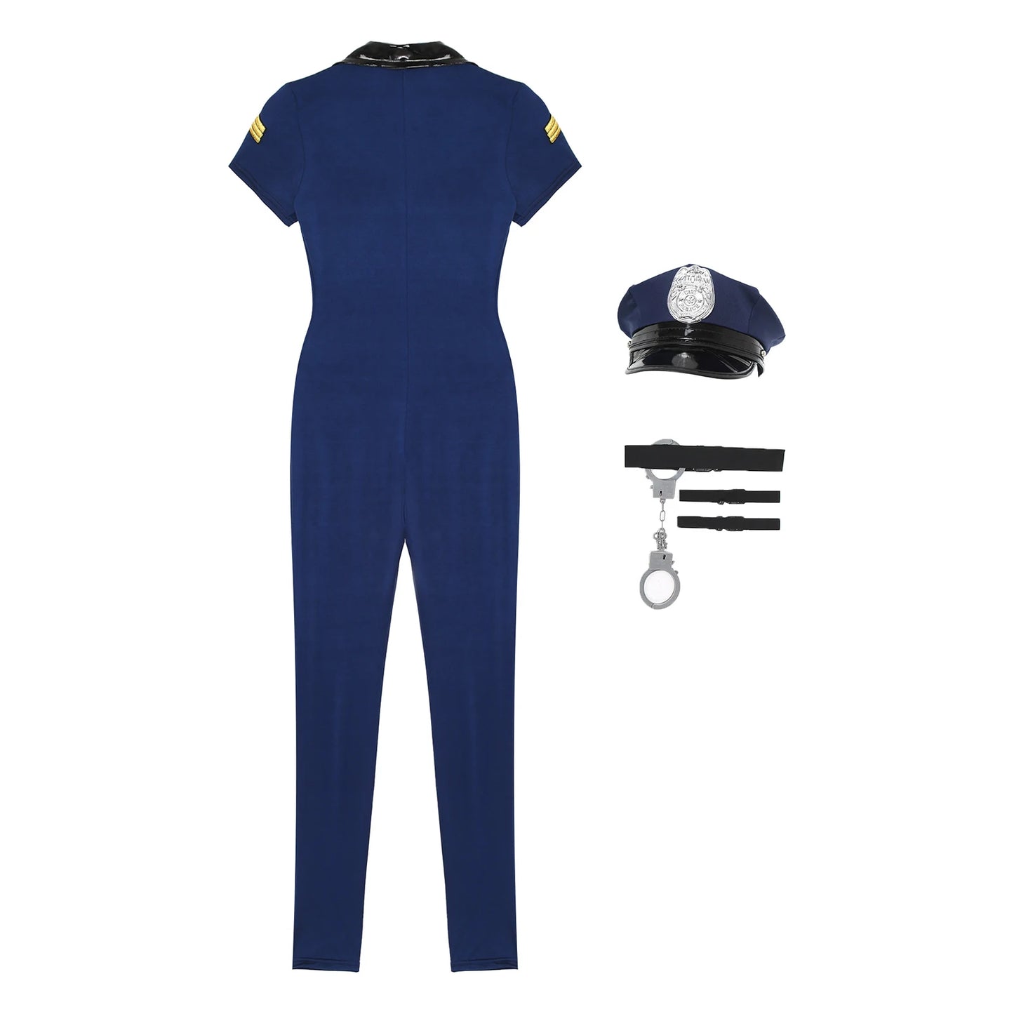 Mens Police Uniform Cosplay Outfits 7-Piece Dirty Cop Officer Costumes Front Zipper Role Play Jumpsuit Hat Belt Manacles Badge
