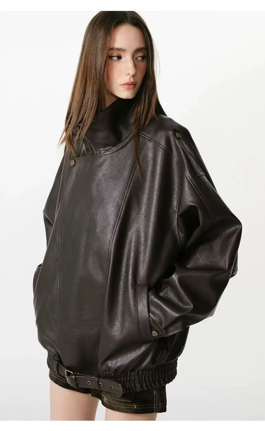 Vintage American Biker Leather Jacket 2026 Women Loose Fit Versatile Design Details Zip Up Stand Collar Chic Casual Outerwear