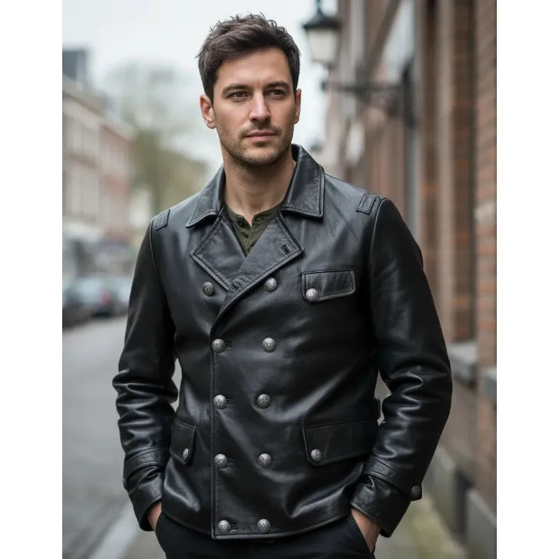 Mens English Gothic Black Leather Trench Coat Military Officer Classic