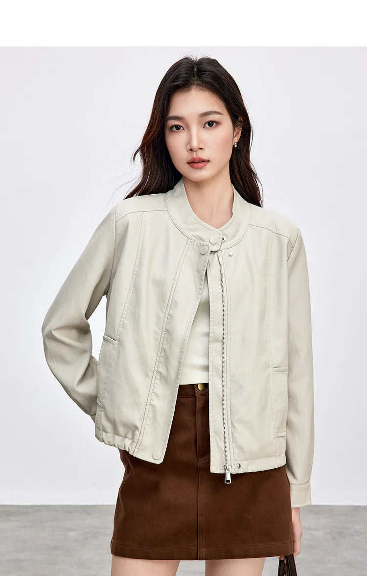 SENTUBILA Women Stand Collar Short PU Leather Jacket 2026 Autumn Winter Ladies Zipper Windproof Cropped Pu Jacket  W51G80160