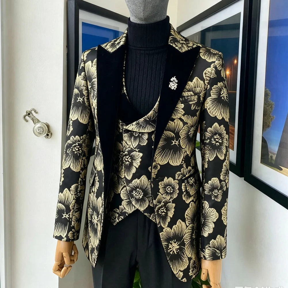 Men's 3-Piece Jacquard Suit – Latest Custom-Made Wedding Groom's Tailcoat (Jacket, Trousers, and Vest) – Classic Design
