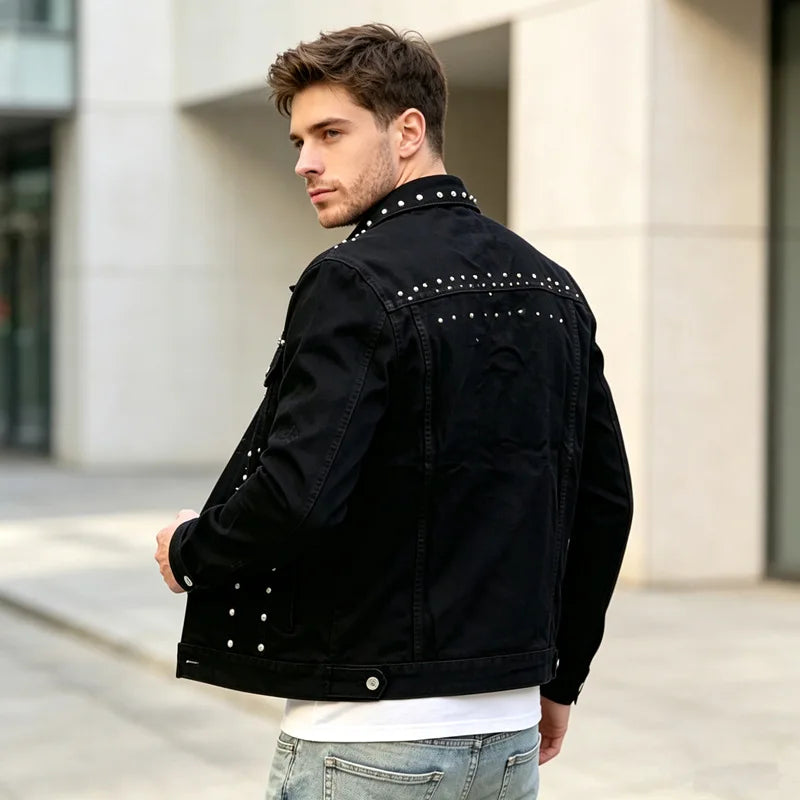 QICHE High‑Street Men Denim Jacket European‑Inspired Heavy‑Weight Rivet Decor Trendy Casual Outerwear