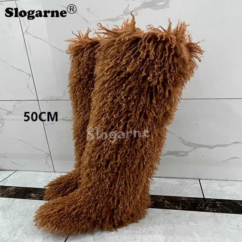 New Over The Knee Fur Boots Women Warm 72CM Long Faux Mongolian Fur Snow Boots Winter Luxury Fluffy Shoes Plush Platform Shoes