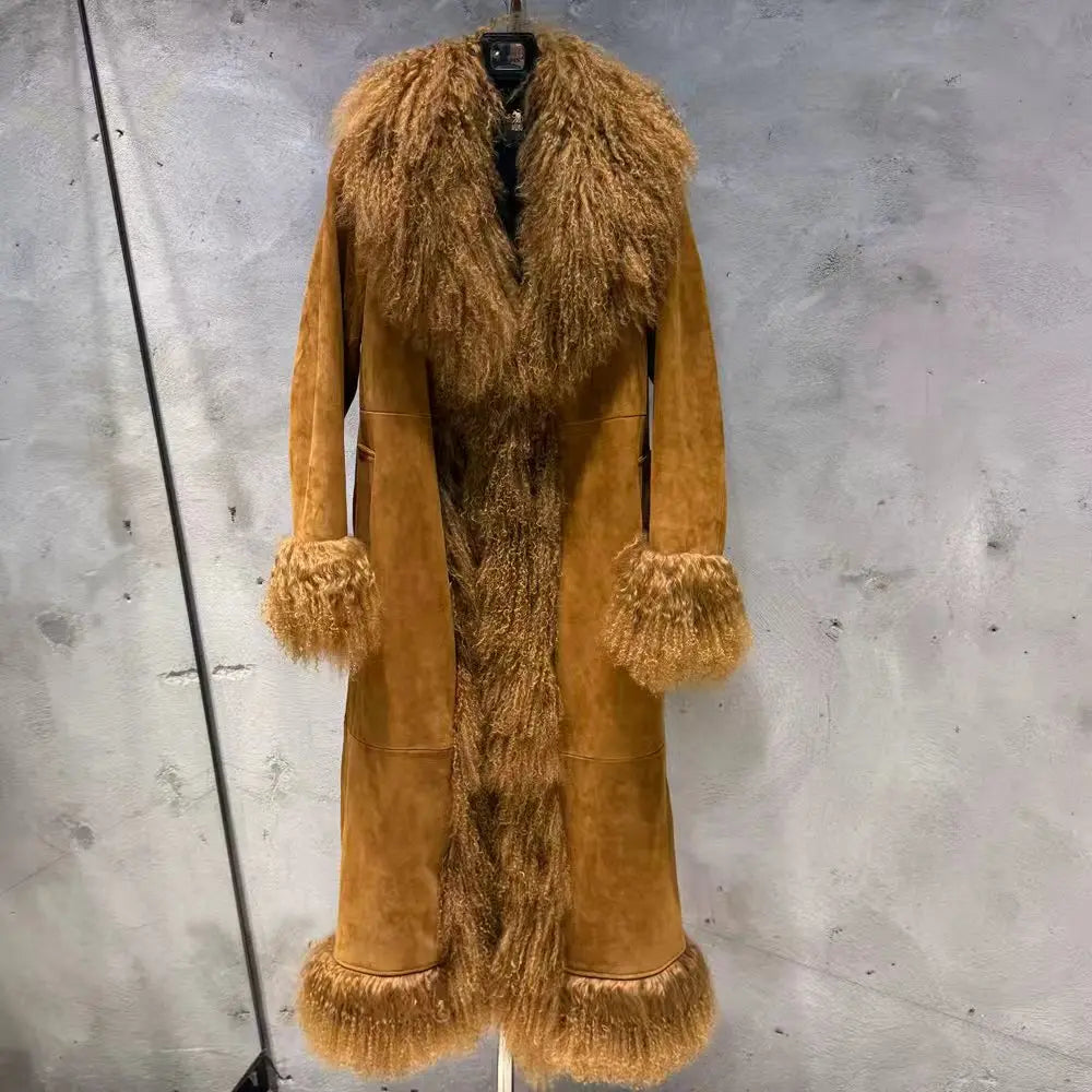 Suede Coat Fur Collar Women Autumn Genuine Sheepskin Coat Long with Mongfolian Fur Trim