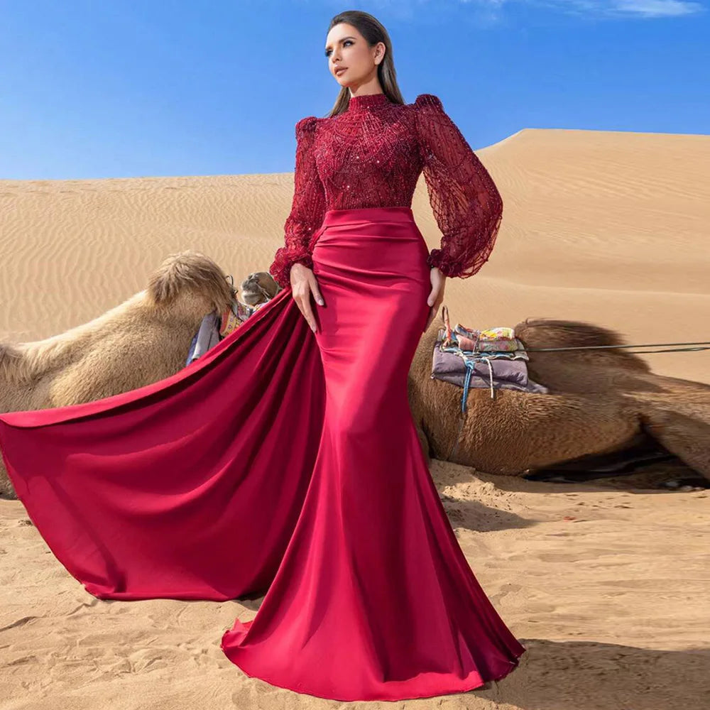 Elegant Muslim Wedding Evening Dress for Women with Detachable Skirt 2026 Pearls Mermaid Formal Prom Party Gowns Customized