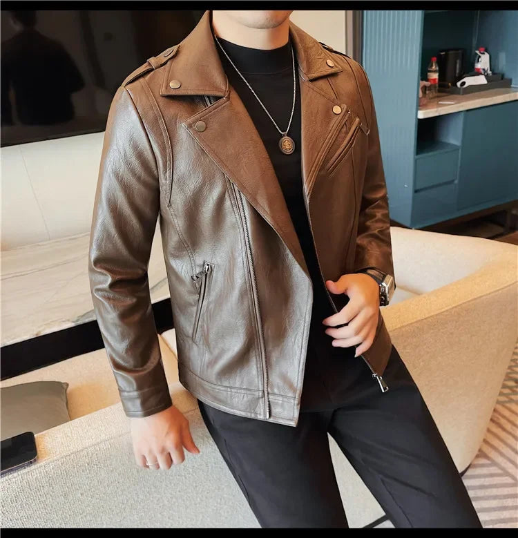 Men High Quality Faux Leather Jacket Vintage Oblique Zipper  Slim Fit Motorcycle Outwear Male Autumn Winter PU Leather Coats
