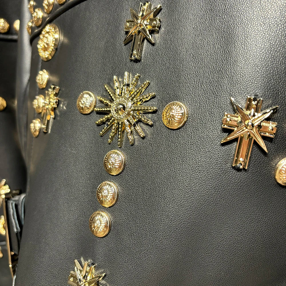 Women Stylish Gold Rivet Real Leather Jacket High Glossy Genuine Leather Asymmetrical Zip Biker Jacket