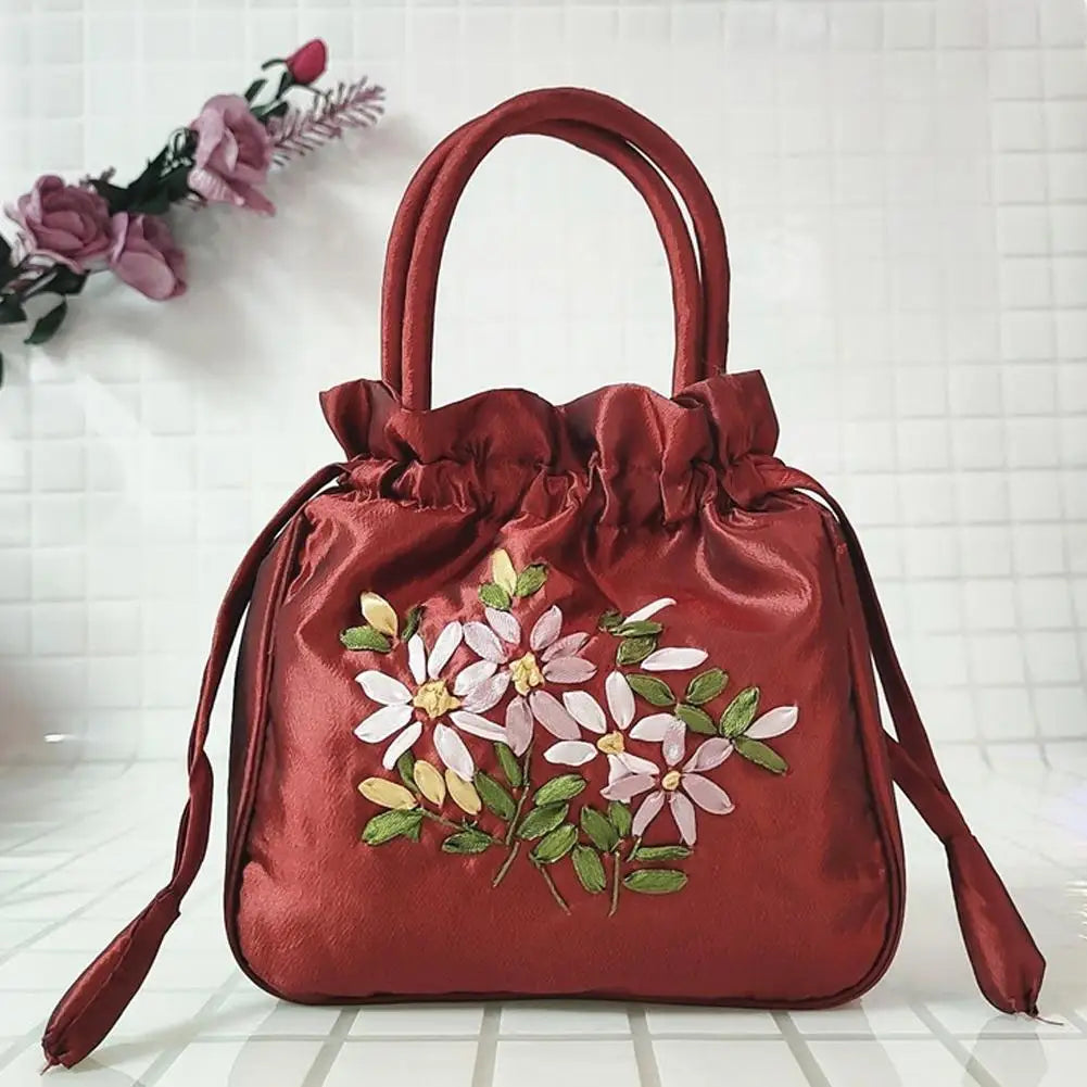 Women Bucket Bag Top Handle Ladies Handbag Phone Bag Summer Small Purse National Style Embroidered Flower Pattern Drawstring Bag