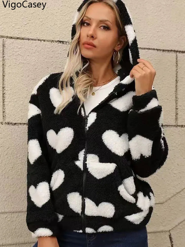 VigoCasey 2026 Women Autumn Print Hooded Jacket Zipper Long Sleeve Thick Plush Warm Coat Winter Lady Casual Pocket Short Coat