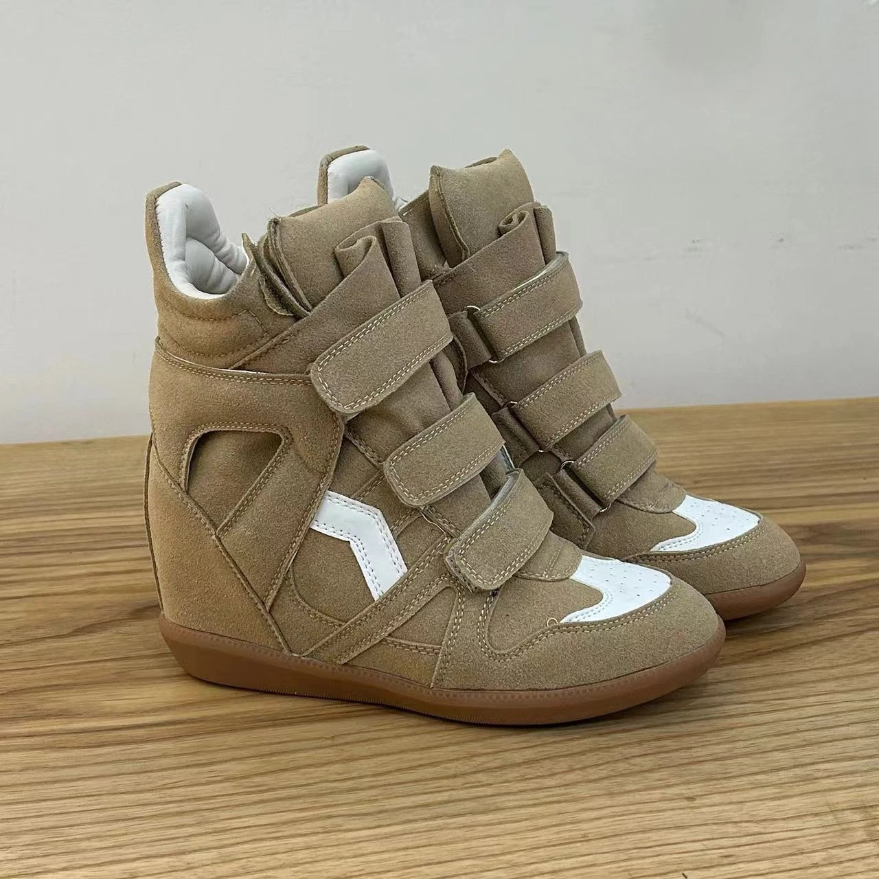 High Top Women's Sneakers New 2026 Autumn Winter Ankle Boots Thick Bottom Leather Casual Shoes Wedge Heels Hook&Loop Sport Shoes