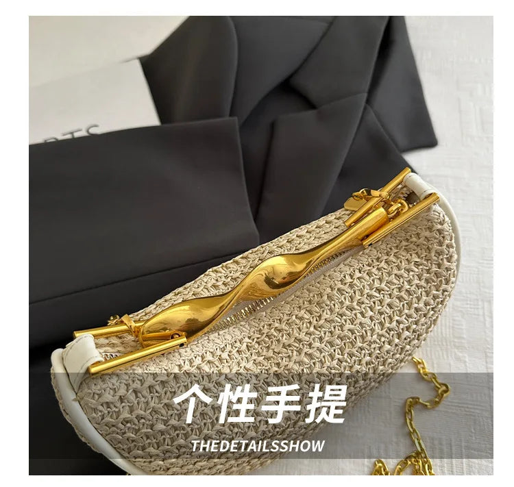 Luxury Metal Handle Clutch Bag Women Exquisite Handmade Rattan Woven crossbody Bag Half-moon Beach Bags Roomy Straw Tote Bag