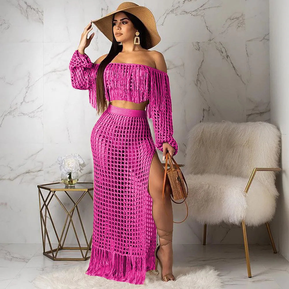 Skirt 2 Piece Set Women Beach Long Skirts Suit Top Off Shoulder Tassels Sexy Hollow Out Ensemble 2025 Summer Female Outfits