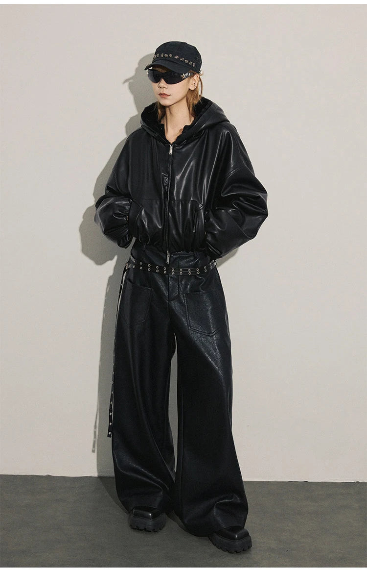 Lautaro Spring Autumn Cool Warm Thick Oversized Black Short Reversible Soft Pu Leather Jacket Hoodie Women with Faux Fur Inside