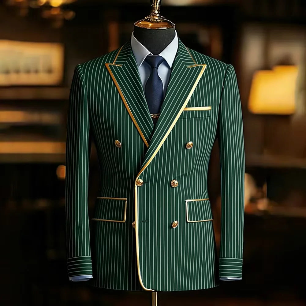 Men's Pinstripe Blazer Double Breasted Slim Fit Peaked Lapel With Gold Trim Formal Suit Jacket  For Groomsman Wedding Prom Hot