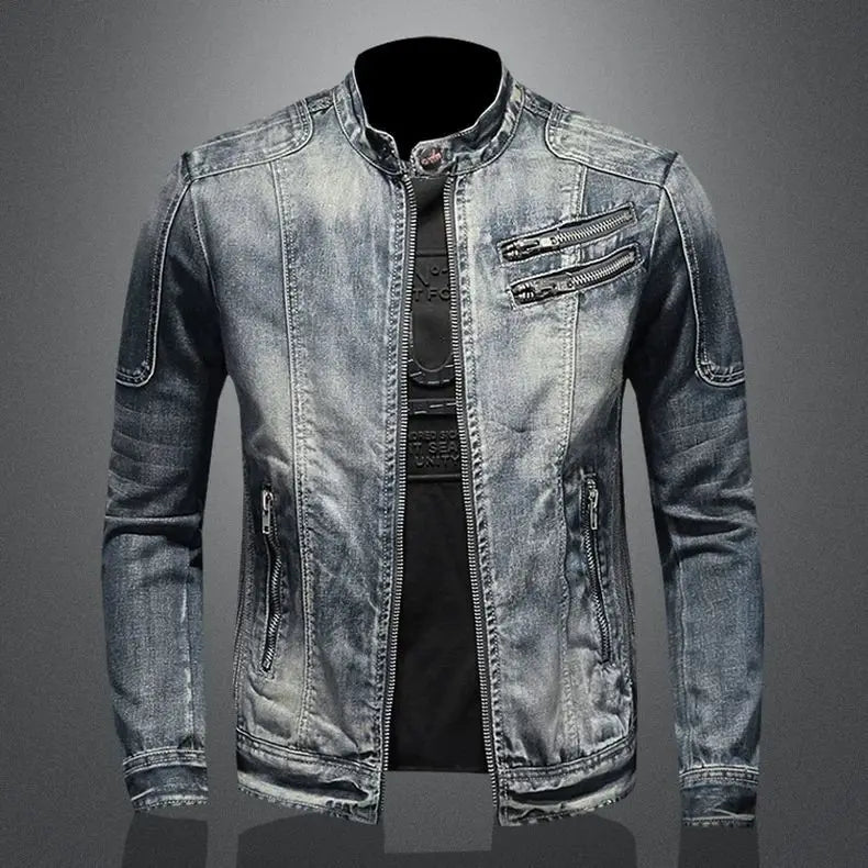 Men's Retro Denim Jacket Casual Oversized Stand Up Collar Zippered Jacket Cycling Motorcycle Coat Trend Loose Fit Top