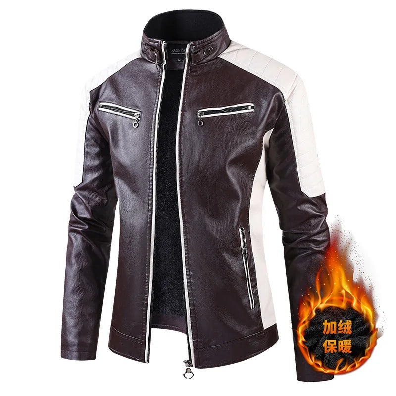 White and Red Patchwork Men's PU Jacket, Stylish Vintage Biker Faux Leather Coat, Available in Black or Brown.