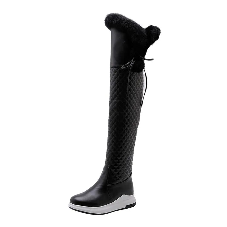 Women's Winter High Snow Boots Warm Fur Plush Black White Over the Knee High Boot Ladies Casual Wedge Heels Rain Shoe Waterproof