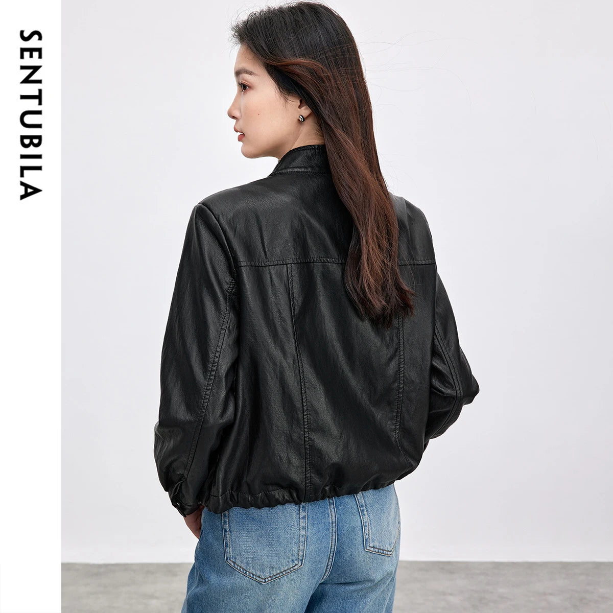 SENTUBILA Women Stand Collar Short PU Leather Jacket 2026 Autumn Winter Ladies Zipper Windproof Cropped Pu Jacket  W51G80160