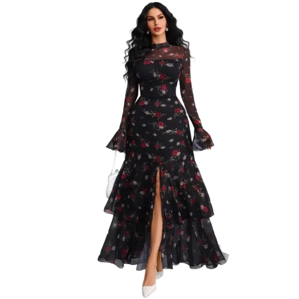 2026 Long Sleeves Evening Dress Dresses For Woman Party Wedding Temperament Sexy Slim Banquet Slit Printed Fashion Ruffles Slim