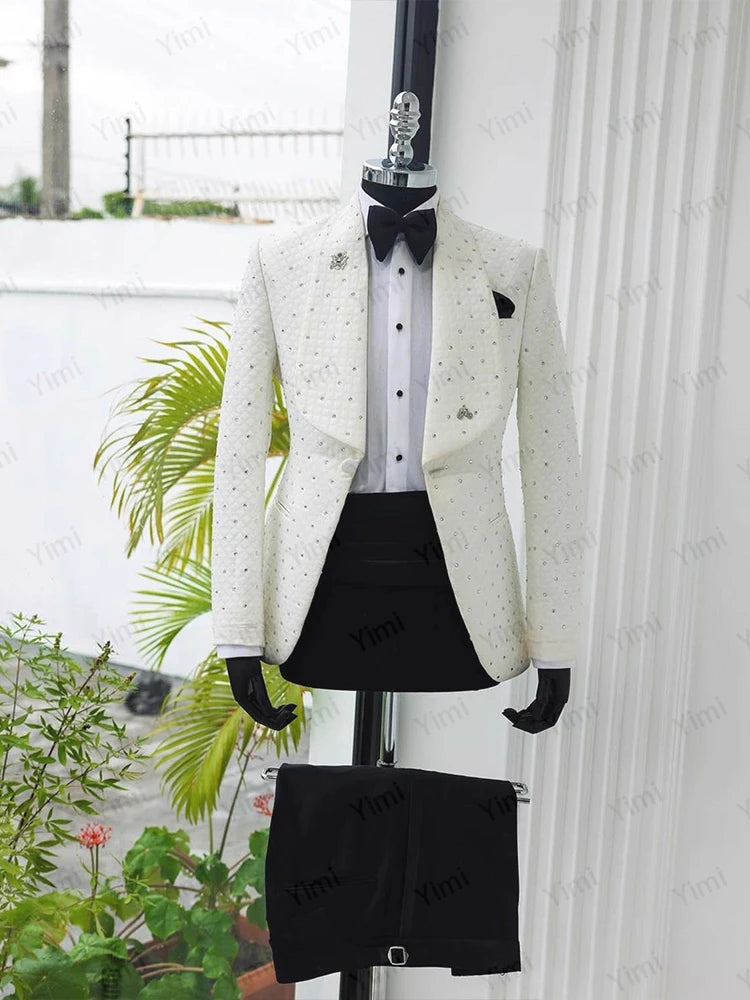 Luxury 2 Pieces Men Suits Shawl Lapel Single Breasted Tuxedo Wedding Outfit Blazer Crystal Prom Suit Jacket+Pants Customized