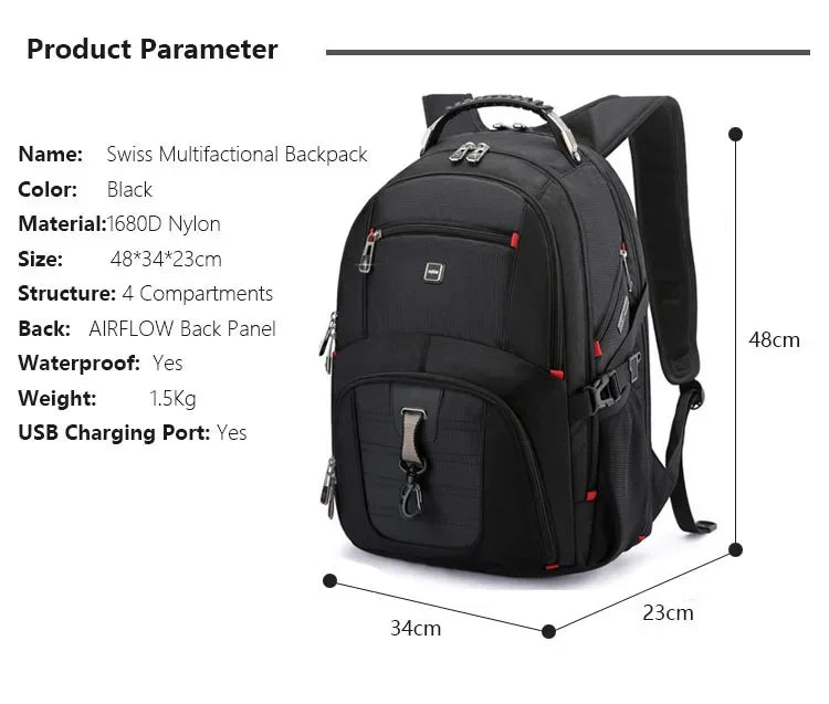 2026 Swiss-Multifunctional bags Durable 17 Inch Laptop Backpack, Travel Bag,College Bookbag,USB Charging Port,Water Resistant