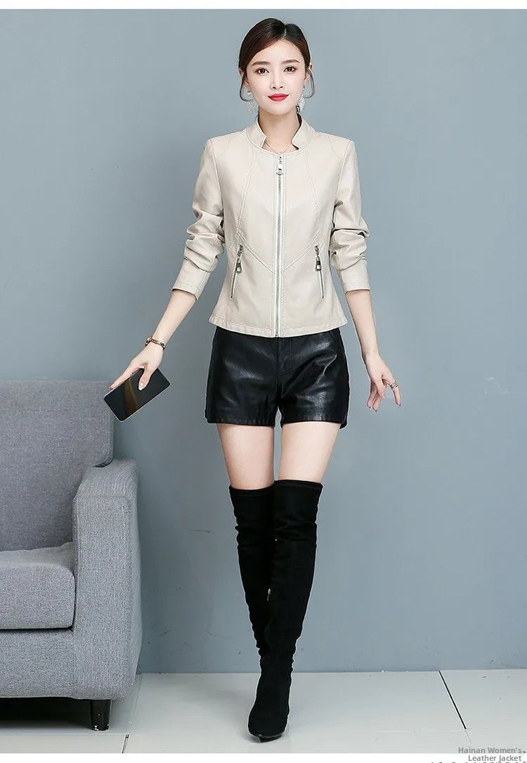 Real Leather Biker Jacket Women's Short Style 2026 Spring Autumn New Korean Version Slim Fit Stand Collar Miniature Coat