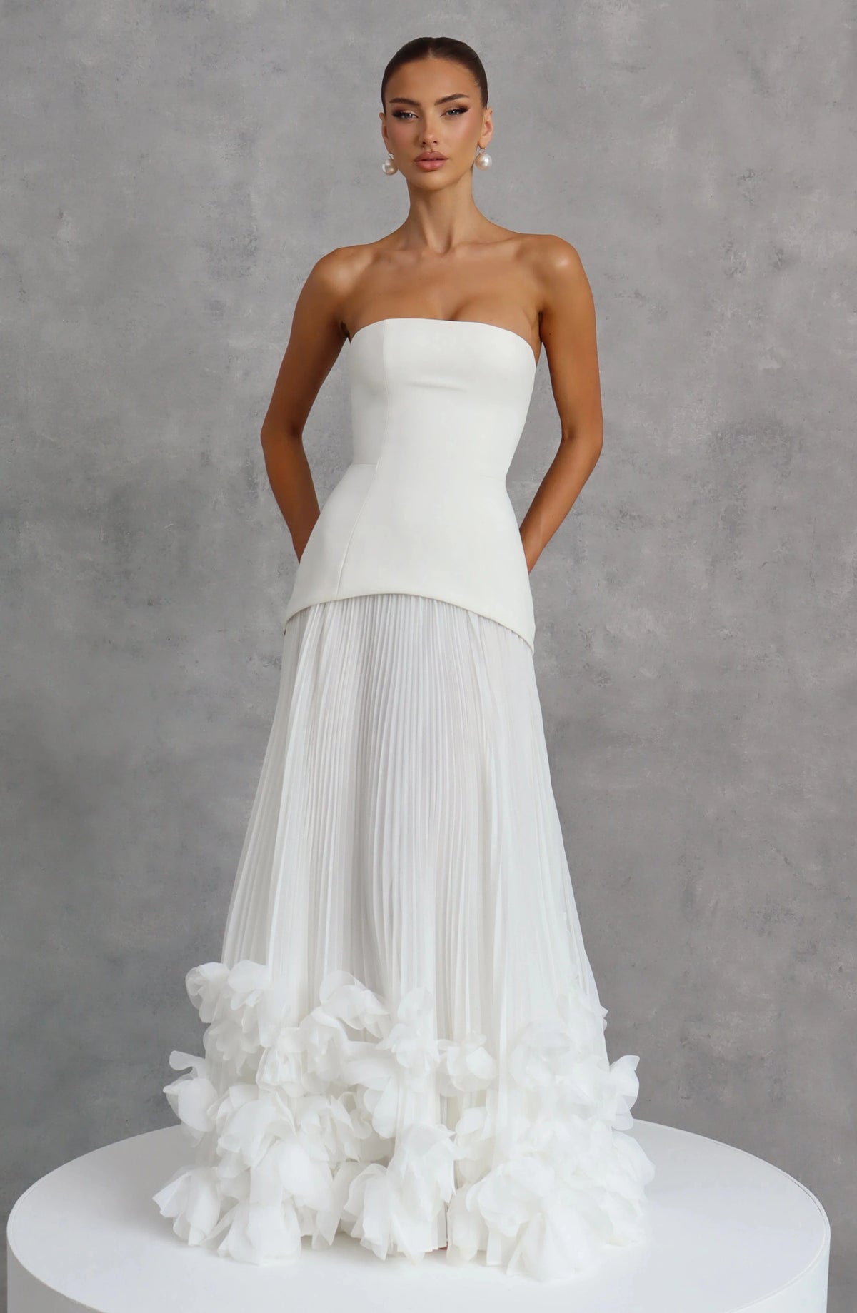 Sexy Lemon Strapless Corset Maxi Gown Sleeveless Corset Pleated Chiffon 3d Floral Hem Flowy Skirt Formal Evening Party Wear