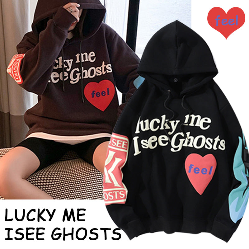 Harajuku Weirdo Graffiti Letter Printed Hoodies Men 2025 Lucky Me I See Ghosts Mens Hooded Sweatshirt Fleece Pullover Streetwear