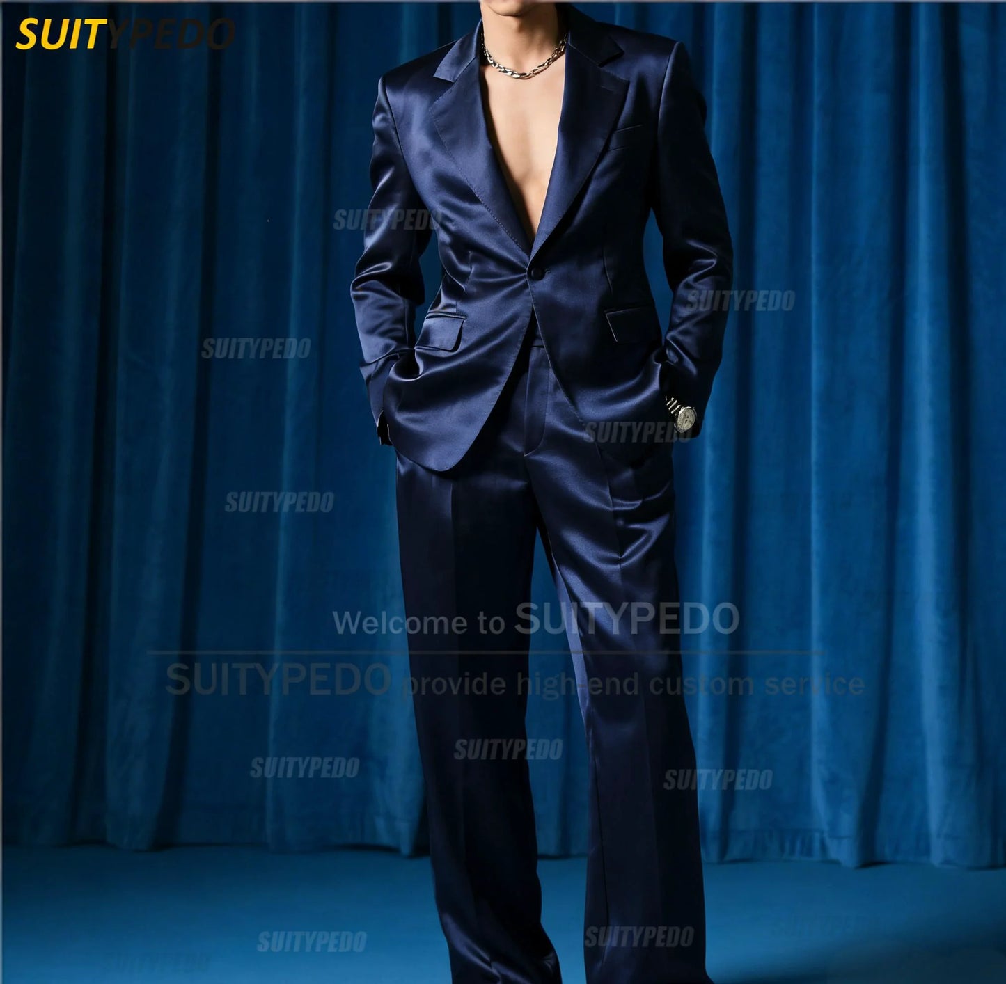 Fashion Royal Blue Satin Party Prom Men's Suit Sets 2 Pcs Blazer And Pants Brief Solid One Button Notch Lapel  Homme Costumes