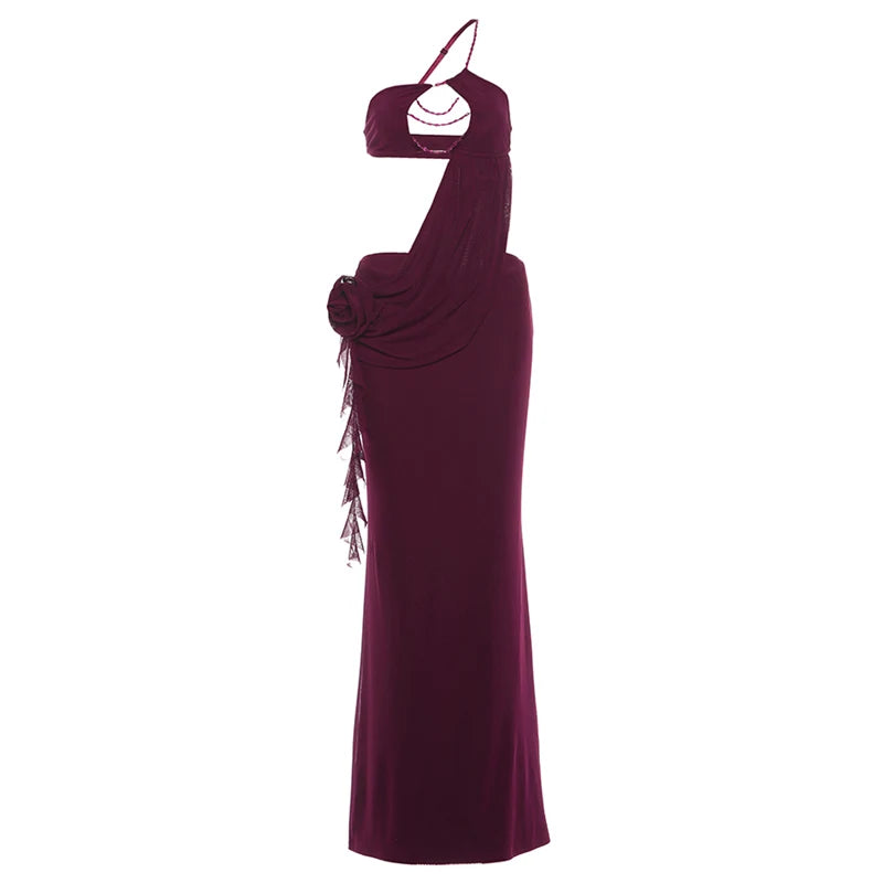 Nibber Birthday Party Dress Women Sexy Patchwork Hollow Side Flowers Chest Wrap Pearl Chain Halter Backless Stretch Vestidos