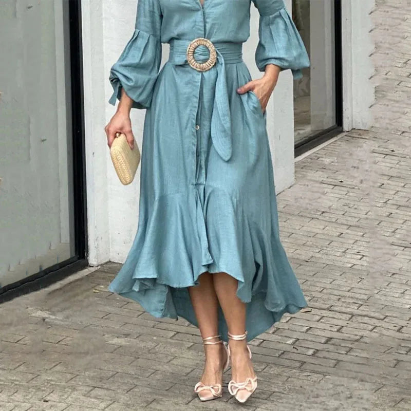 Elegant Dresses for Women Fashion Solid Lantern Sleeve Ruffle Hem Pocket Design Belt Maxi Dress Office Ladies Temperament Dress