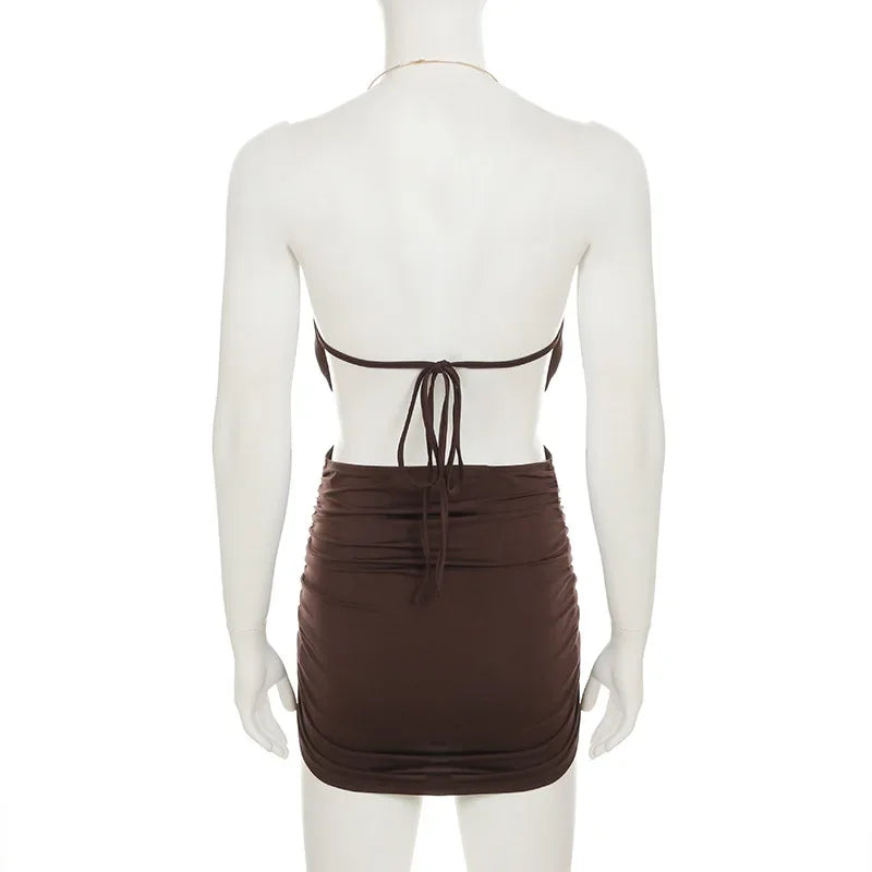 Metal Ring Halter Ruched Bodycon Mini Dress Women 2025 Summer Sleeveless Lace Up Backless Hipster Slim Party Clubwear Vestidos