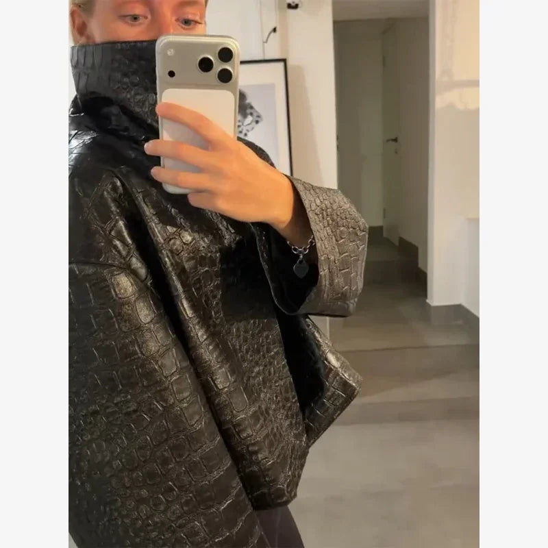 Women Cropped Faux Croc Leather Jacket Loose Solid Fashion Stand Collar Outerwear 2026 Autumn Street Winter Casual Party Coats