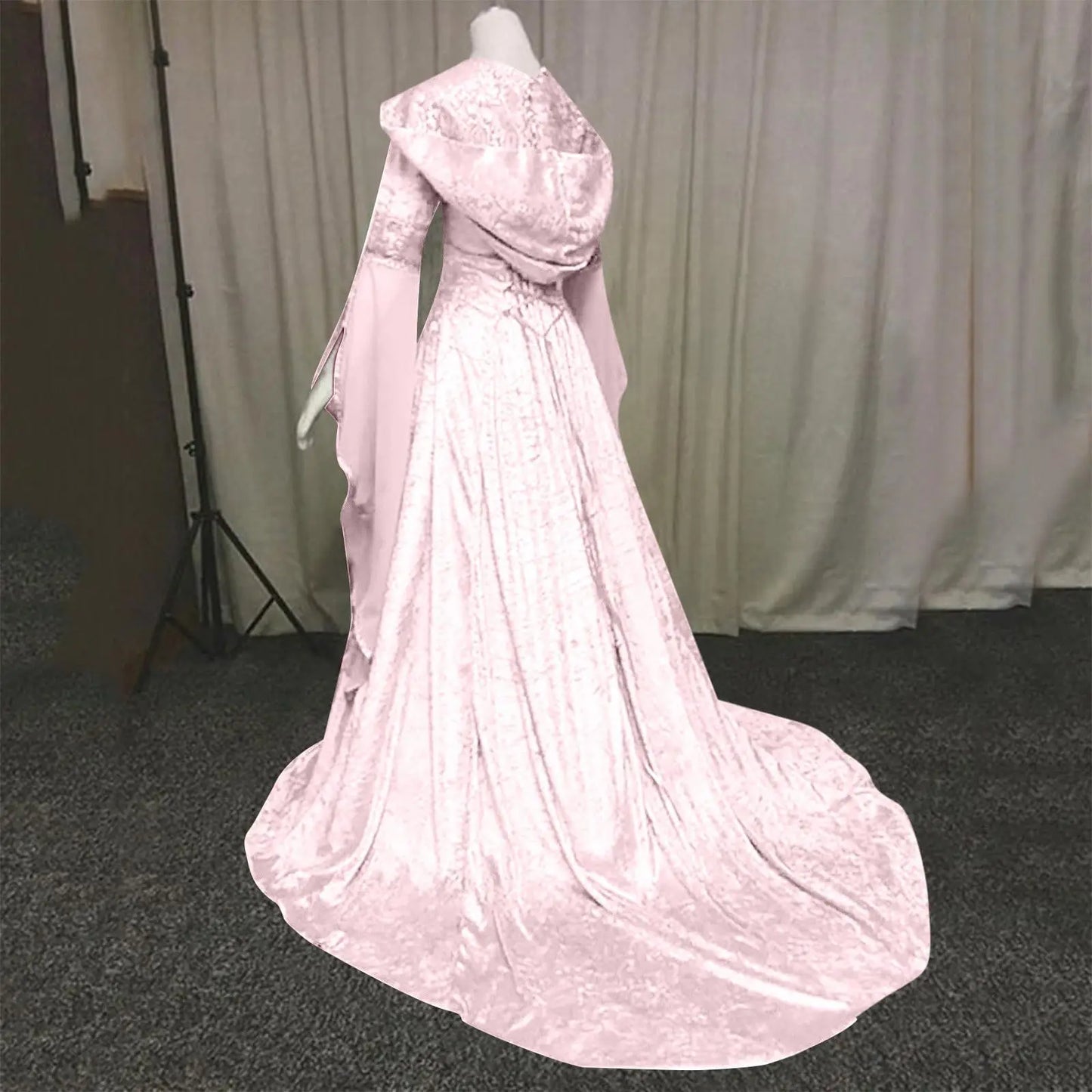 Women Deluxe Witch Dress Medieval Renaissance Maxi Train Dress Halloween Devil Pagan Witch Wedding Cos Costume Hooded Gown Robe