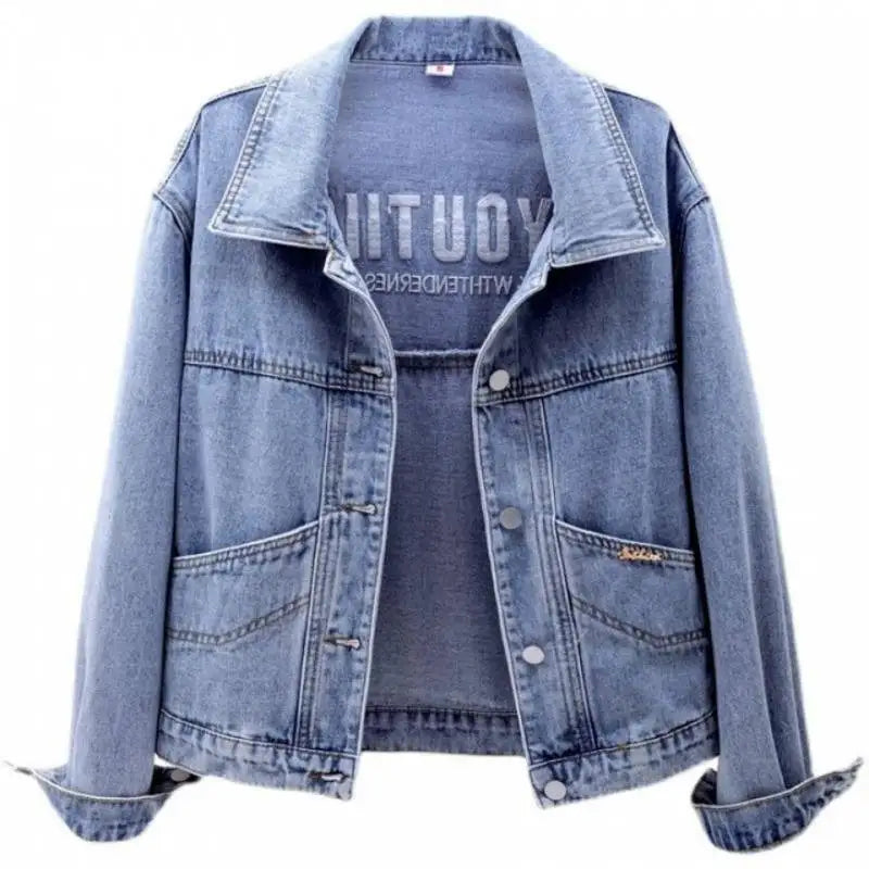 Denim Coats Women Short Coat Single Breasted Casual Embroidery Turn Down Collar Y2k Streetwear Jackets Work Slim Fit Spring